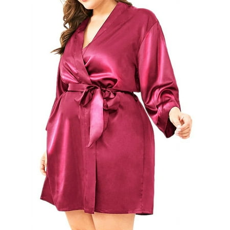 Skksst Women Sexy Satin Silk Nightdress Lingerie Sleepwear Wrap Dress Robe Plus Size