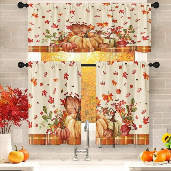 Fall Pumpkin Kitchen Curtains Pumpkins Window Curtains and Valances Set 36 Inch, Farmhouse Autumn Harvest Short Tier Curtain, Thanksgiving Farm Small Kitchen Decor