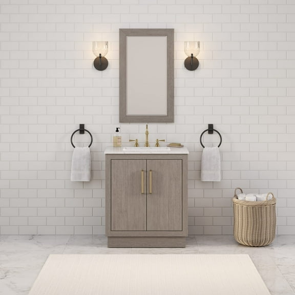 Water Creation 30" Wood Single Bathroom Vanity in Gray Oak and Gold