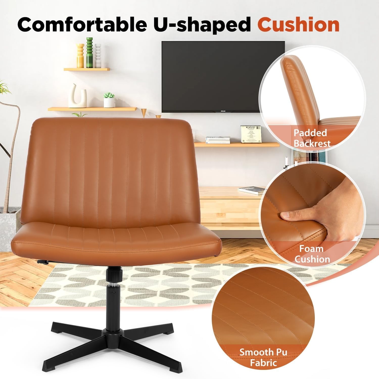 BestOffice Armless Office Chair, Criss Cross Legged, No Wheels Swivel for Men, Women(Brown)