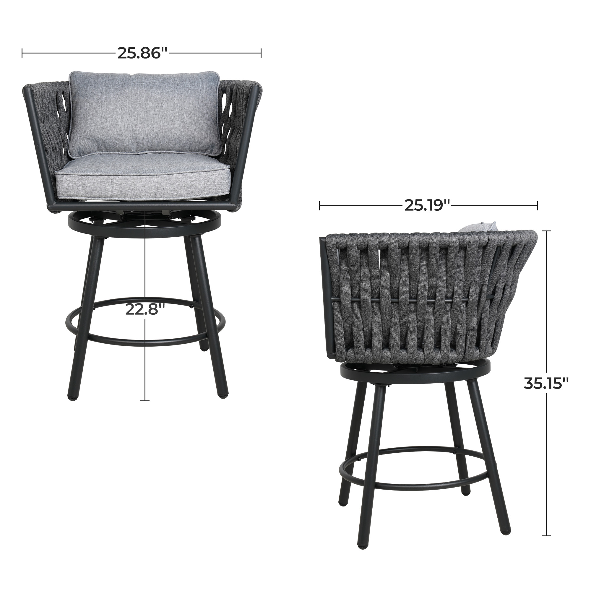 GRANDPATIO Outdoor Patio High Bar Chairs Set of 2,Swivel Rope Wicker Patio Dining Chairs with Removable Cushions,Charcoal