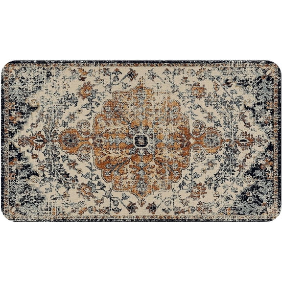 Boho Style Door Mat, Welcome Doormat for Indoor/Outdoor Entrance, Non-Slip Machine Washable Bohemia Floor Mat for Farmhouse Patio Entry & Mudroom Retro Blue Floral Rug Decor 17x30 Inch