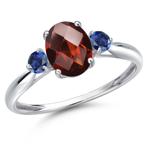 Gem Stone King 10K White Gold Red Garnet and Blue Created Sapphire 3-Stone Ring for Women | 1.81 Cttw | Oval Checkerboard 8X6MM | Gemstone January Birthstone | Size 9