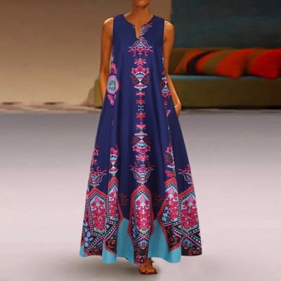Women Summer Plus Size Casual Linen Loose Sleeveless printed Long Dress