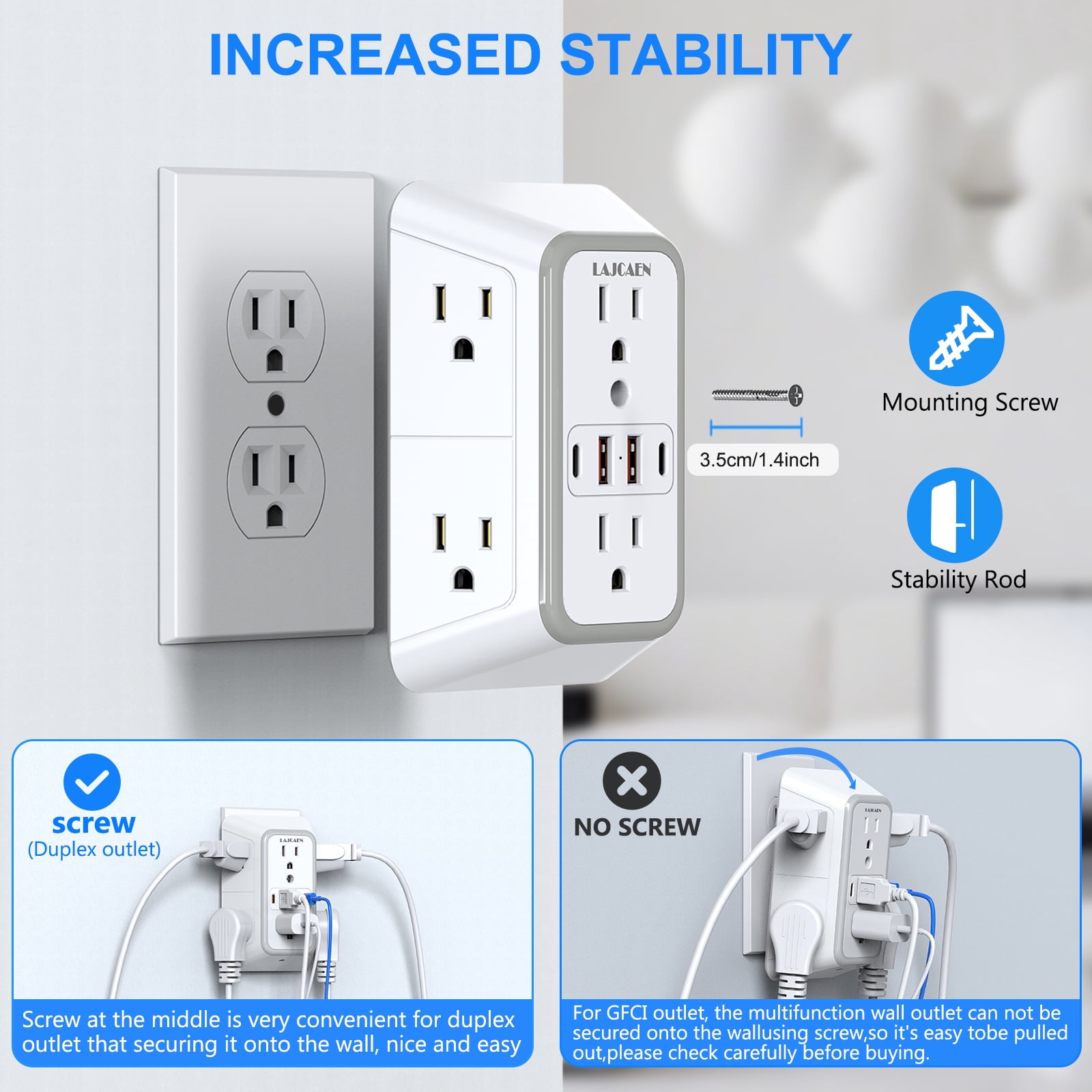 Multi Plug Outlet Surge Protector Wall Charger6 Outlet Extender with 4 USB Charging Ports (4.8A Total) 3-Sided 1050J Power Strip Adapter Spaced Outlets for Home Indoor