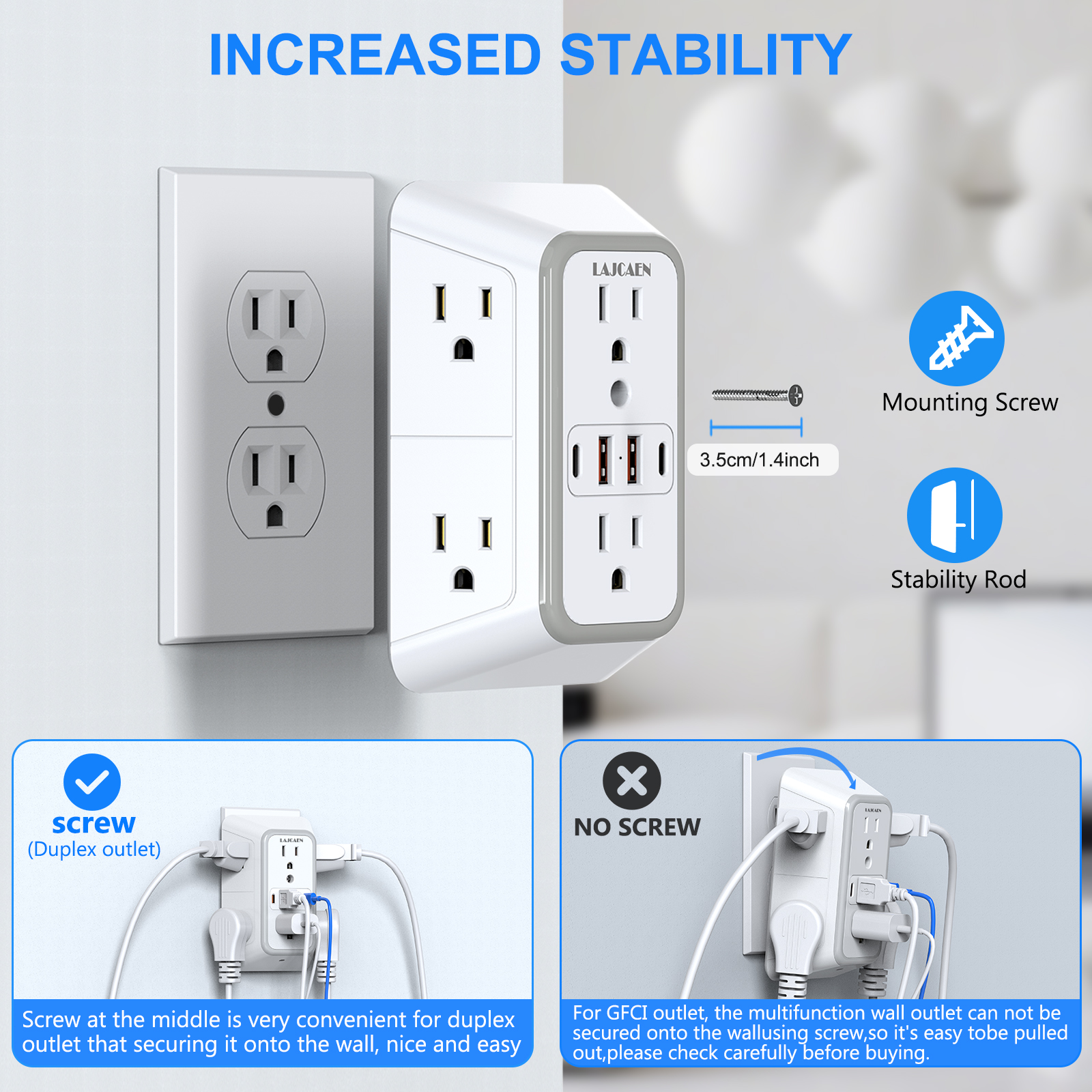 Lajcaen 6-Outlet Surge Protector with 4 USB Ports, White photo 5