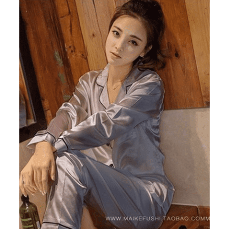 

Women Girl Lady Silk Satin Pajamas Set Long Sleeve Button-Down Sleepwear Pajamas