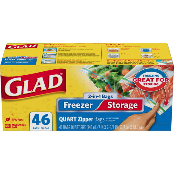 Glad Zipper Food & Freezer Storage Quart Bags, 46 Count
