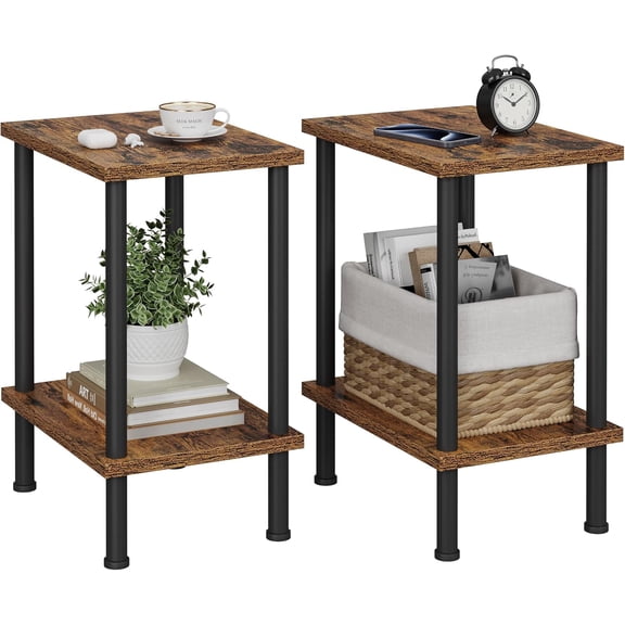 Table, Set of 2 Side Table with Metal Legs, Small Nightstands with 2-Tier Storage Shelves, Tiny Sofa Table for Small Space, Coach Table for Living Room Bedroom, Rustic Brown UTBT104F2