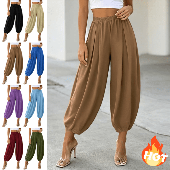 Mifsaly Harem Pants Women High Waisted Wide Leg Alloon Pant Comfortable Lightweight Flowy Office Work Elegant Outfits Khaki,S