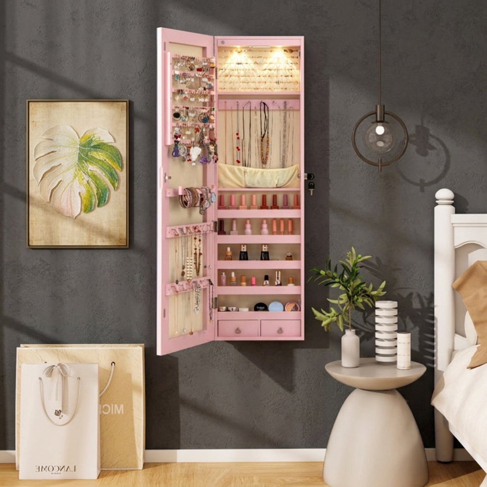 Furnibear Wall and Door Mounted Mirrored Jewelry Cabinet with Lights for Bedroom Dressing Room Jewelry Necklace Rings Storage Mirror, Pink