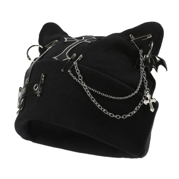 Goth Cat Beanie Goth Hat Accessories Punk Cat Ear Beanie Hat for Women Y2k Grunge Gothic Beanies Knitted Hat Streetwear Black