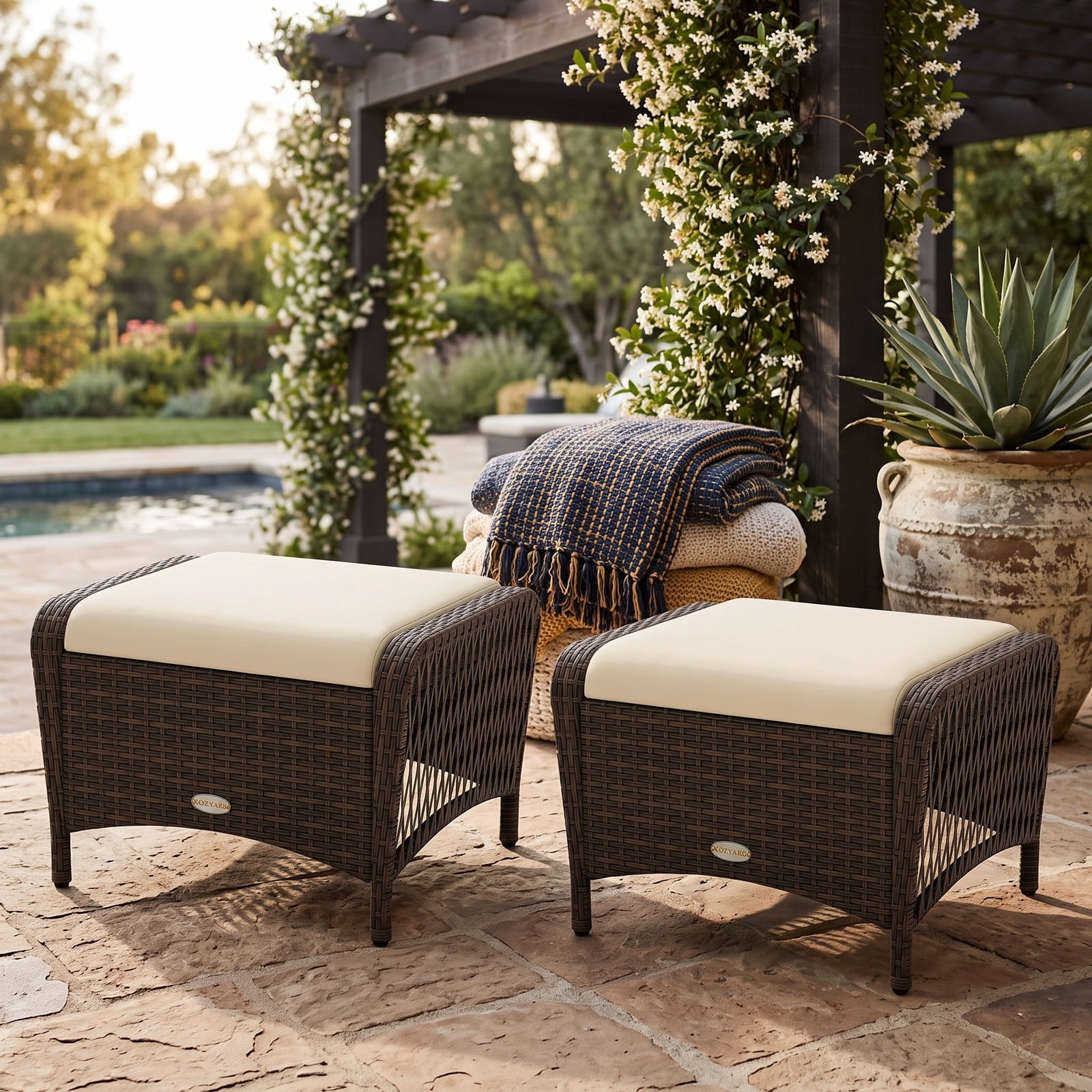 Furnibear Set of 2 Outdoor PE Wicker Patio Ottomans with Removable Cushions for Foot Rest, Extra Seating and Side Table Use, Beige