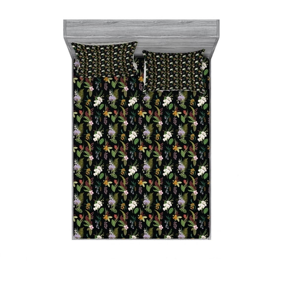Flower Bedding Set with Sheet & Covers, Exotic Nature Composition Botanical Elements Fern Leaves and Flowers Vivid Colors, Printed Bedroom Decor 2 Shams, 4 Sizes, Multicolor, by Ambesonne