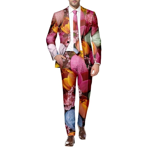 RTKFRFL Men's Easter Suit Set 2 Piece Festive Holiday Outfit Slim Fit Blazer Jacket and Matching Trousers Funny Graphic Print Party Suit for Spring Celebrations Size Small to 3XL
