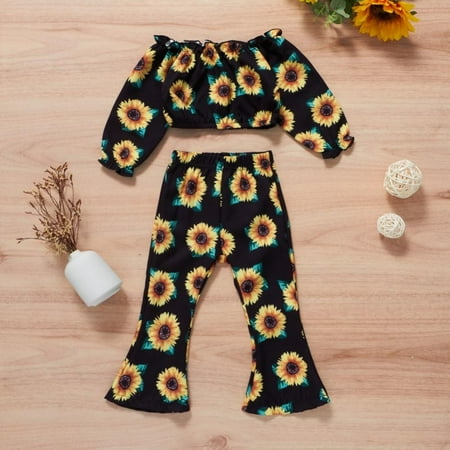 

Baywell Autumn Toddler Baby Girl Clothes Suit Sun Floral Printed One-Neck Long Sleeve Flared Pants Infant Girls Clothing Set