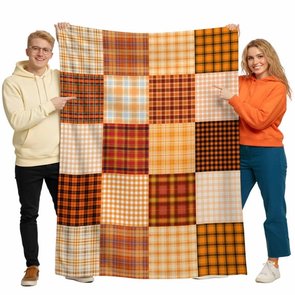 Flannel Throw Blanket for Couch Sofa Bed, Autumn Orange Plaid Soft Cozy Warm Fuzzy Blanket 40x50in