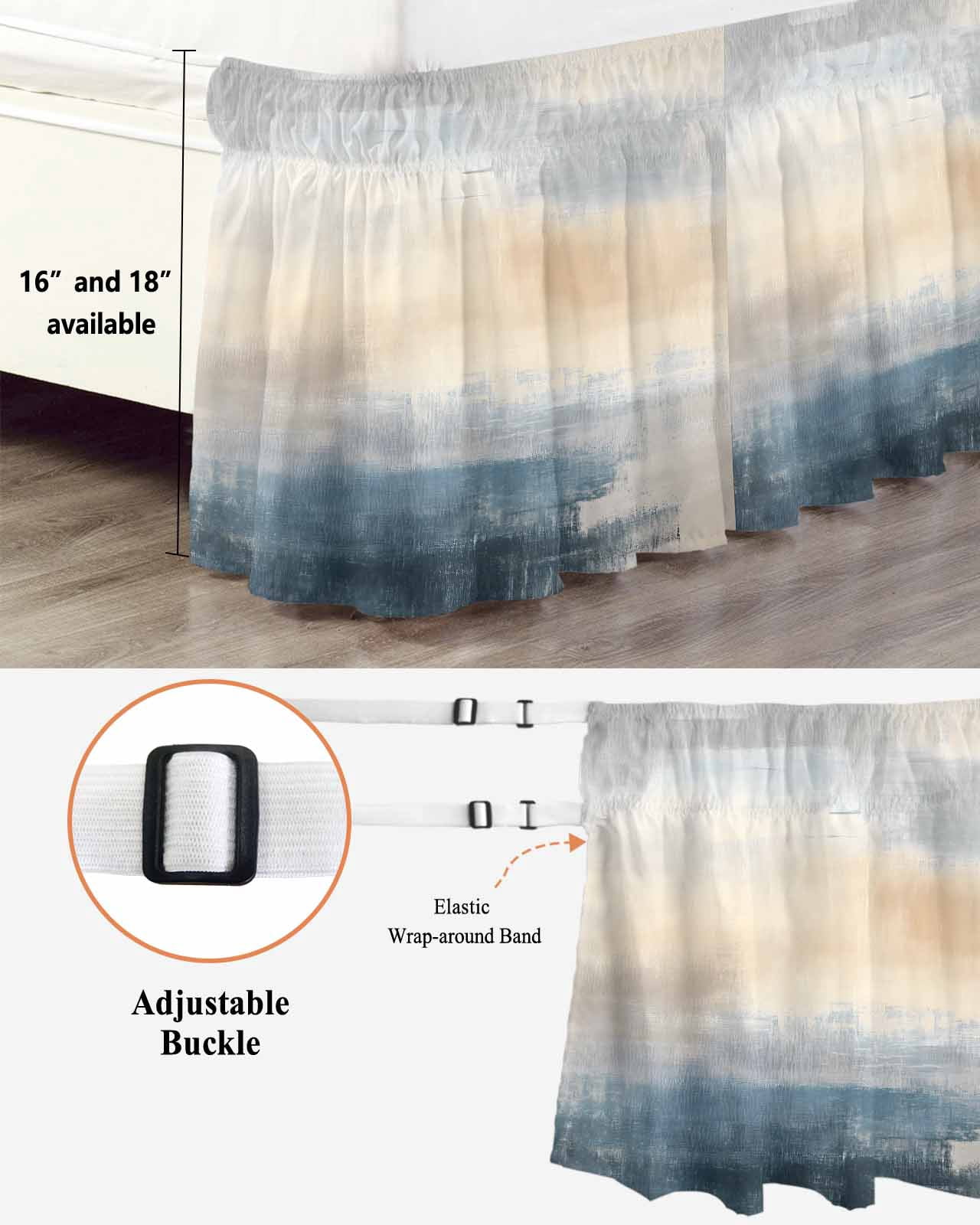 Ombre Blue Navy Beige Bed Skirt King Size 16" Drop Modern Abstract Art Ruffled Wrap Around Bed Skirts Adjustable Elastic Bedskirt Dust Ruffle for King Size Bed