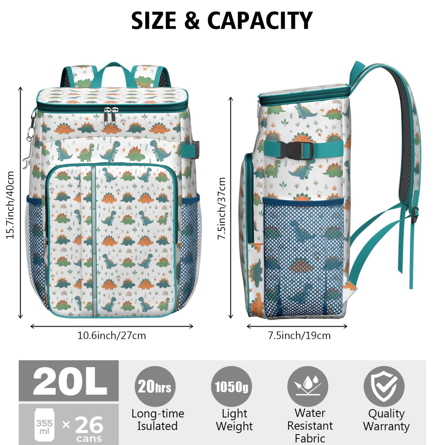 Travel Cooler Bag - Dinosaur and Rainbow Pattern Camping Beer Cooler Backpack with Bottle Opener- Waterproof Insulated Picnic Backpacks - Cooler Bag for Beach
