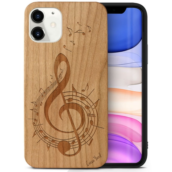 Case Yard Wooden Case Outside Soft TPU Silicone, Slim Fit Shockproof Wood Protective Phone Cover for Girls Boys Men and Women, Supports Wireless Charging Music 2 Design case for iPhone-11