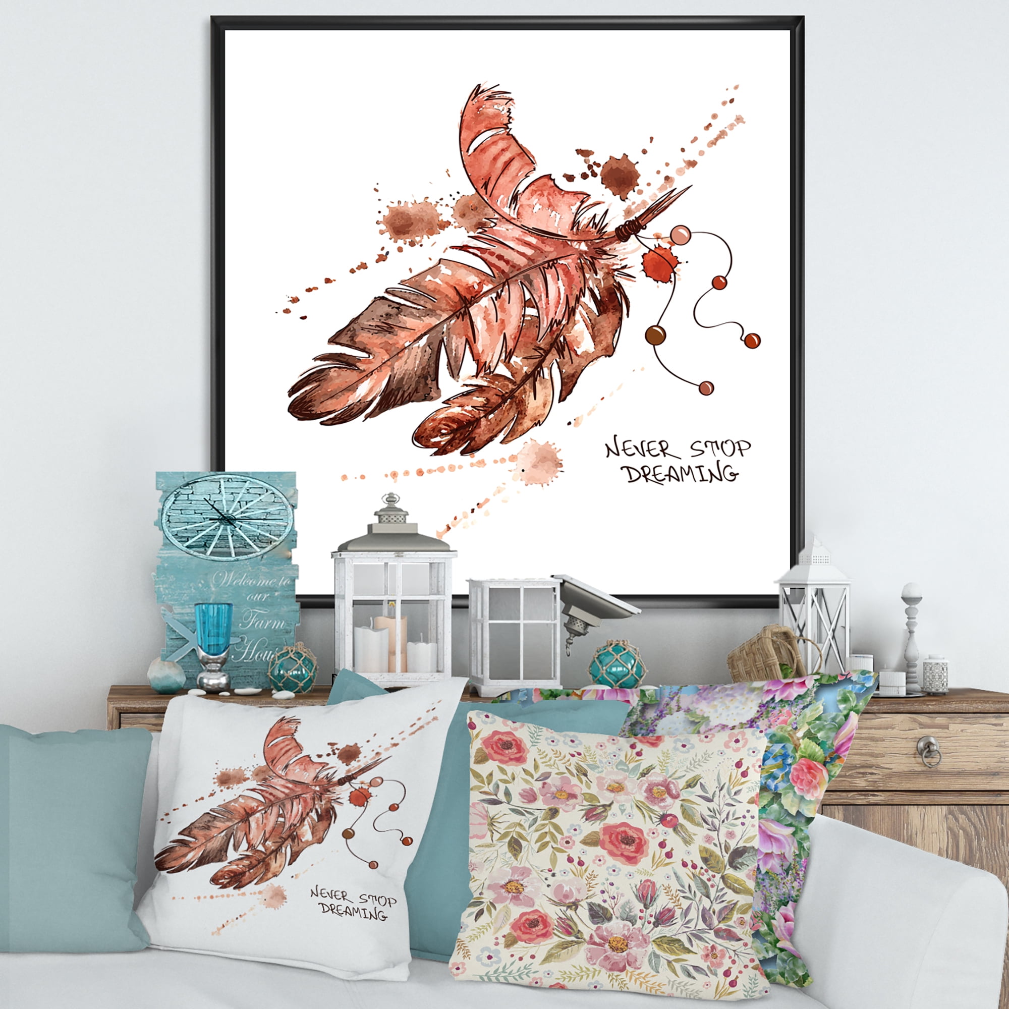 Designart 'Bird Feathers In Earth Tones Never Stop Dreaming' Bohemian & Eclectic Framed Canvas Wall Art Print