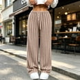 thumbnail image 2 of Women's Soft Striped Ribbed Wide Leg Pants Drawstring Elastic High Waist Loose Casual Jogger Pants Comfy Loungewear Y2K Pants with Pocket Khaki, 2 of 9