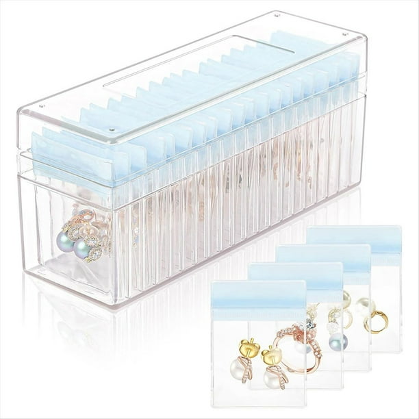 Joyero de Acrílico, Organizador de Joyas Transparente con 20 Bolsas Portátiles con Cremallera Antioxidantes, Estuche para Joyas de Viaje Azul