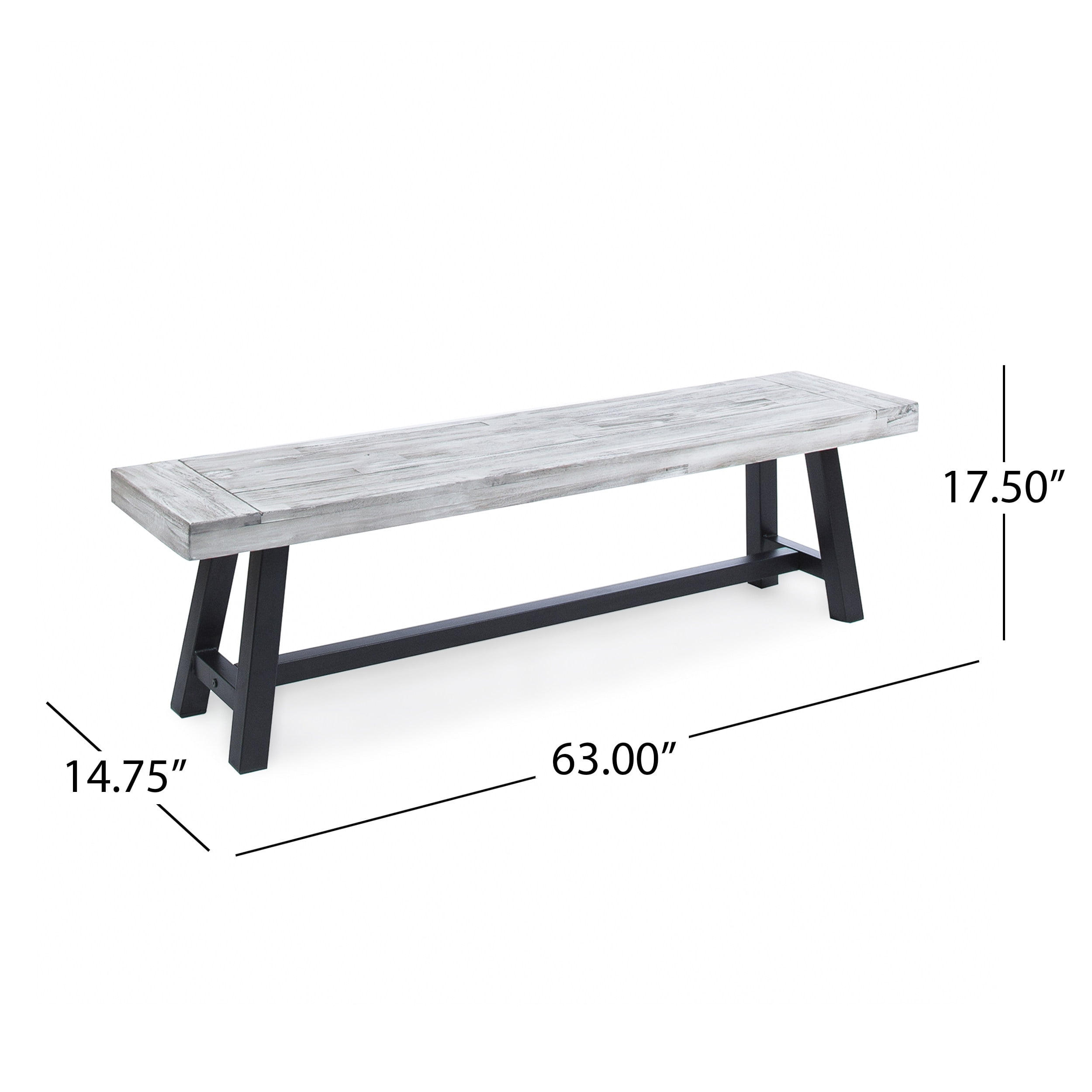 Outdoor Solid Wood Leisure Bench Set of 2, Sandblast Finished Acacia Wood Rest Seats for Patio Garden, Sandblasted Light Gray and Black