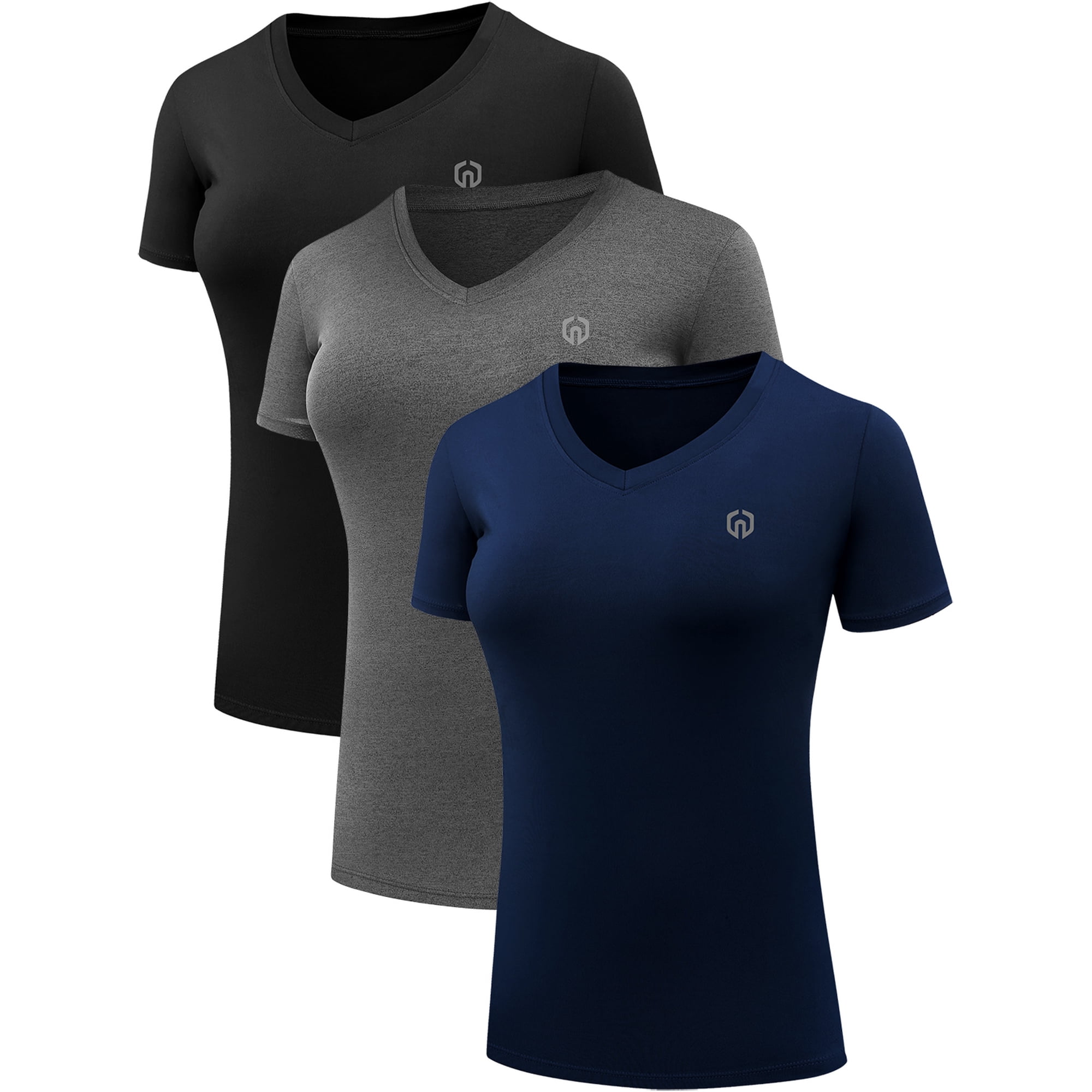 NELEUS Women's Compression Shirt Yoga Tight Tops Workout Athletic Short Sleeves 3 Pack,Black+Gray+Navy Blue,US Size S