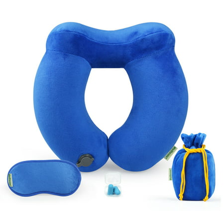 Inflatable Neck Pillow Travel Airplane Pillow with Ear Plugs Eye Mask and Drawstring