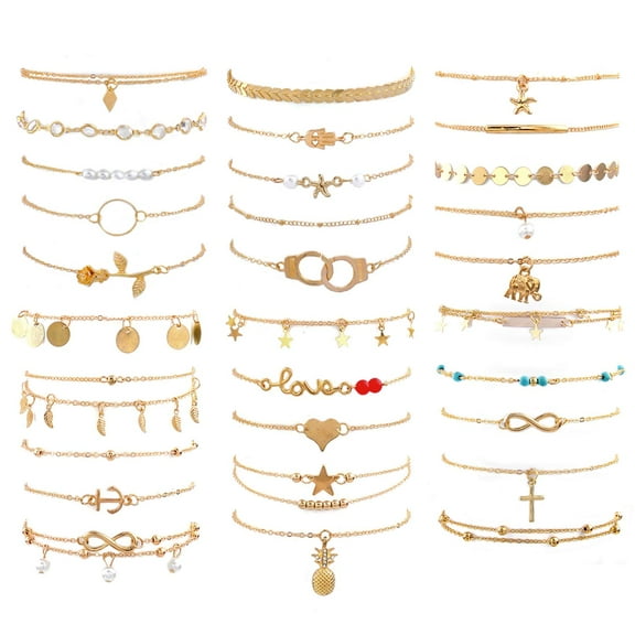 DIY.STORE 30 Ankle Bracelets for Women Set, Gold Silver Rose Gold Three Style Jewelry Anklets for Women Beach Jewelry Gifts Adjustable Size Beach Anklet Set