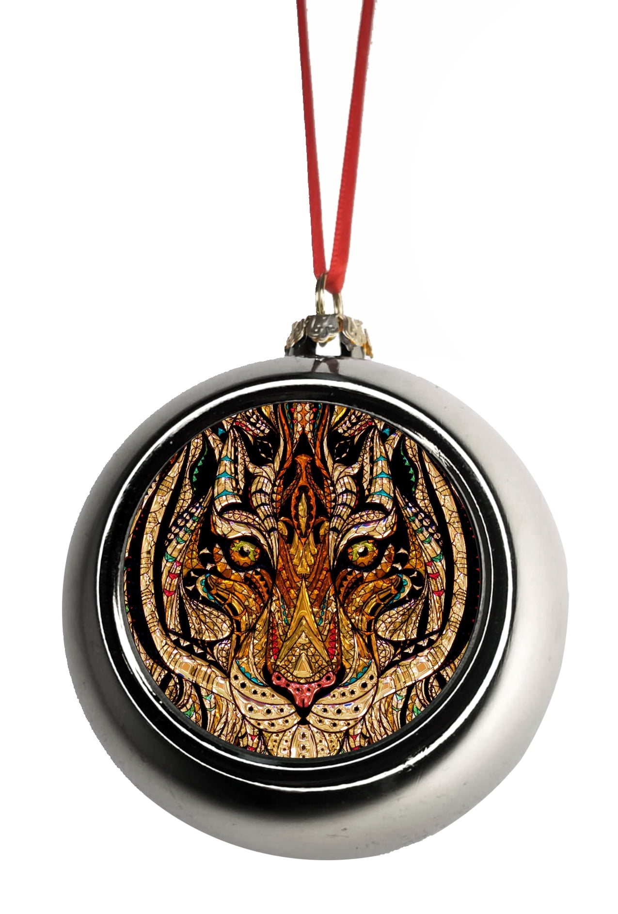 Abstract Stained Glass Style Tiger Up Close Ornaments Silver Bauble Christmas Ornament Balls