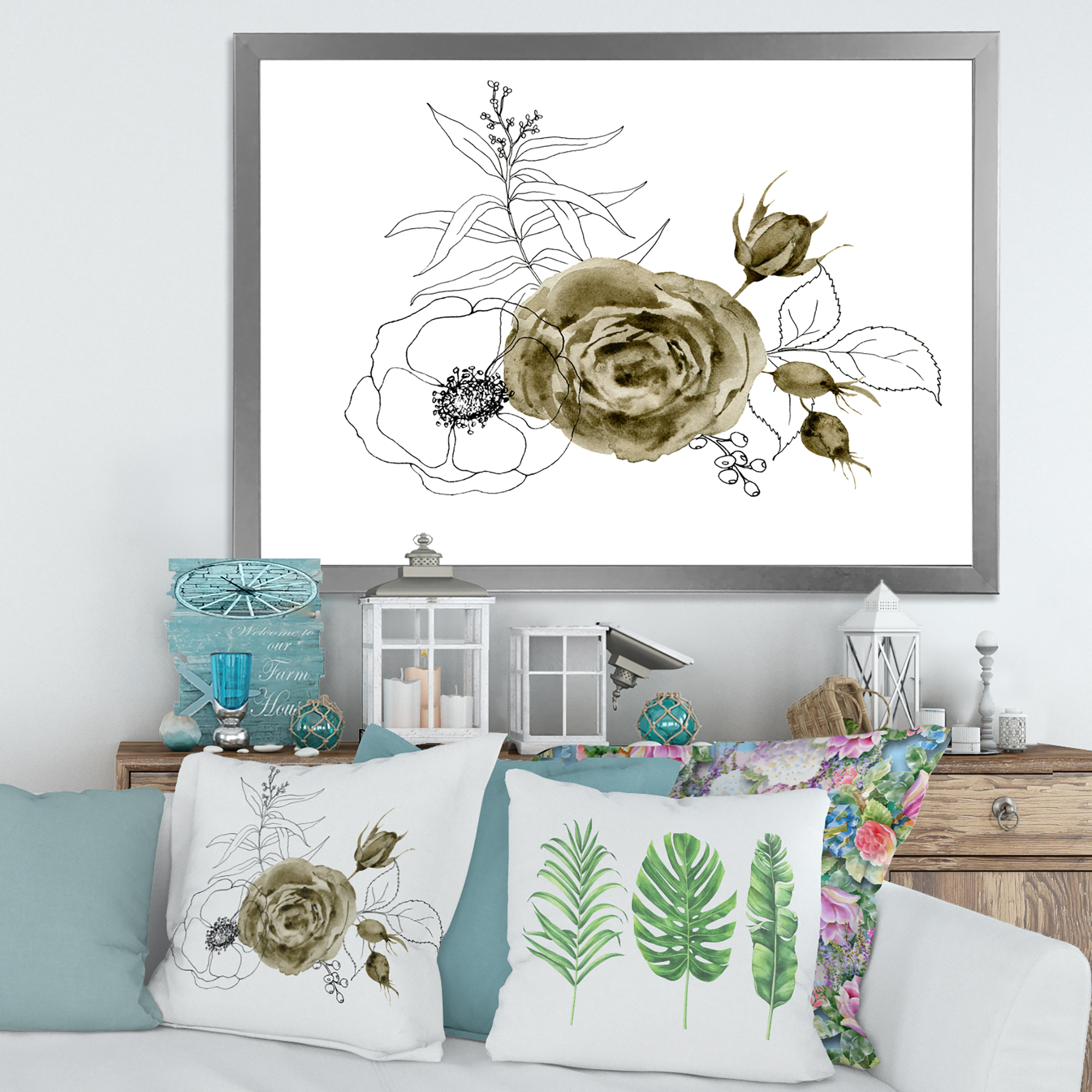 Designart 'Eucalyptus Branches With Anemone Bouquet Flower I' Traditional Framed Art Print