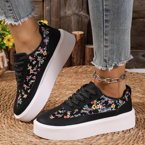 Willtoo Women’s Floral Print Platform Sneakers, Lace Up Low Top Faux Leather Shoes, Thick Chunky Sole Floral Casual Walking Sneakers