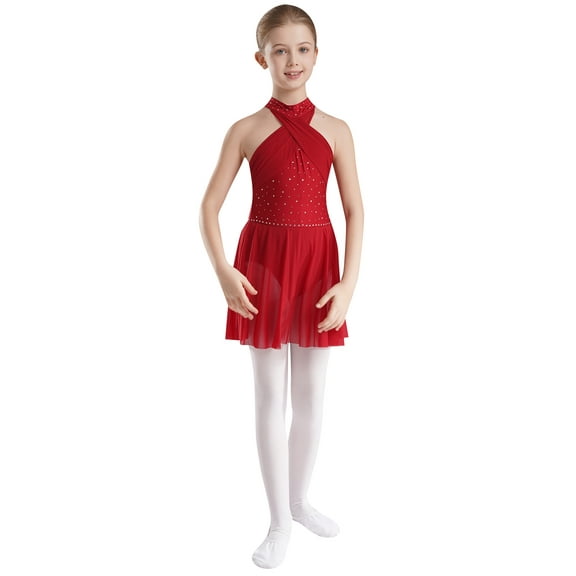 CHICTRY Lyrical Dance Dress for Girls Halter Rhinestone Tank Leotard Tulle Skirts Ballet Dancewear Burgundy 8