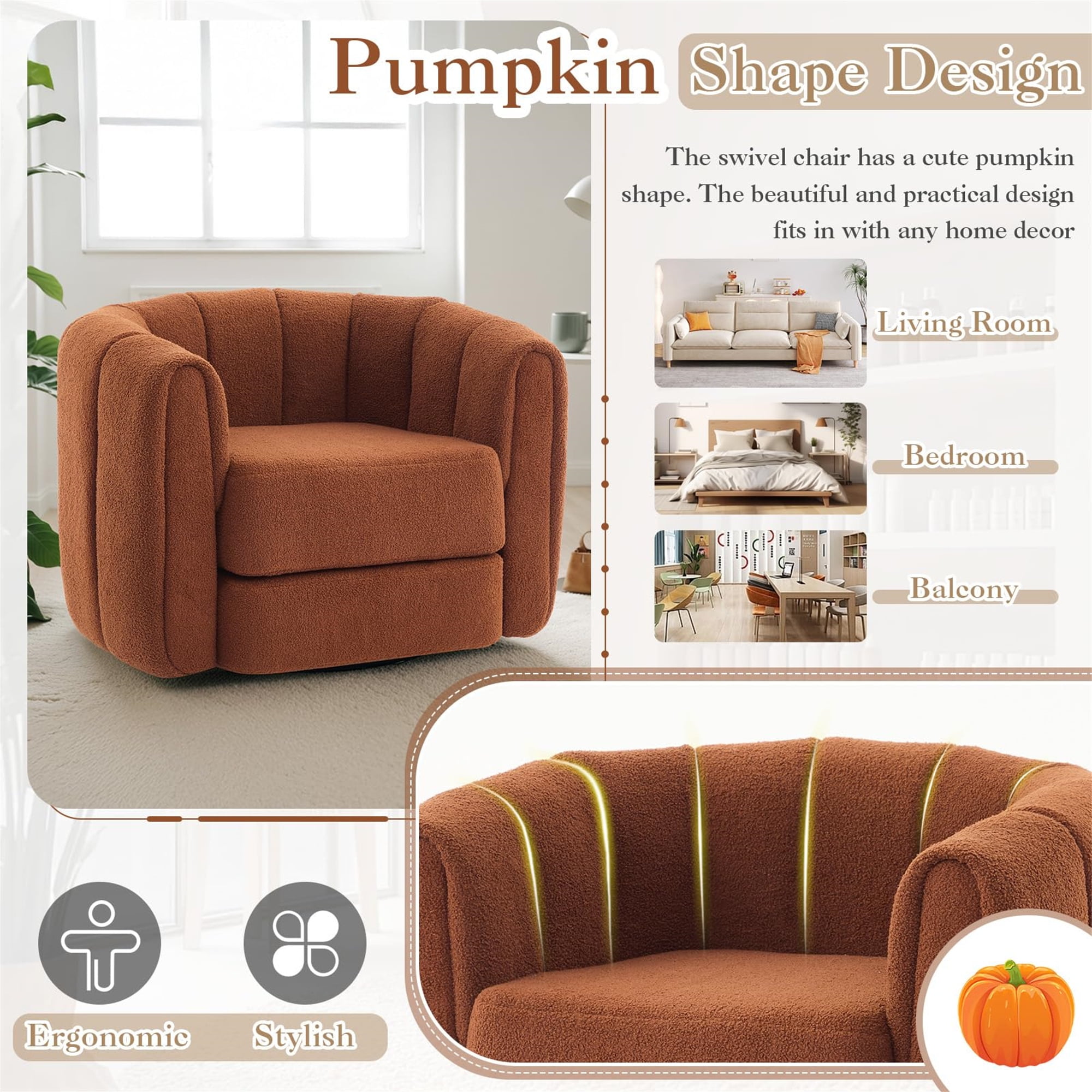 Aukfa 37" Swivel Accent Chair Pumpkin Armchair for Living Room, Bedroom, Teddy Fabric, Brown
