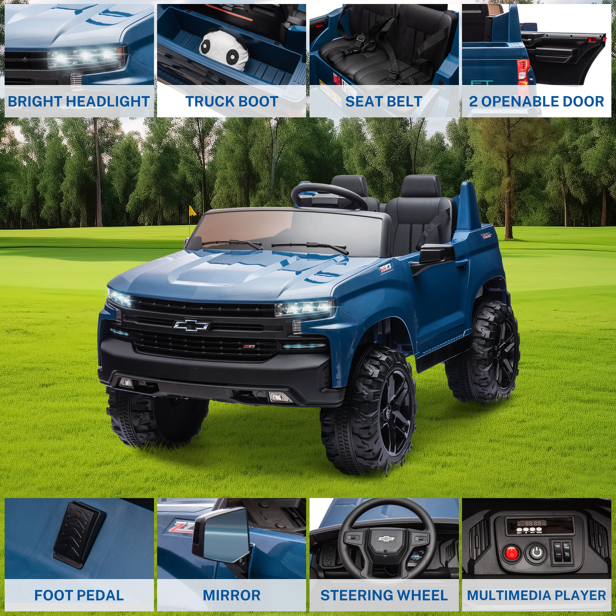 Chevrolet Silverado 24V Powered Ride on Cars for Kids, Extra large Real 2 Seat Ride on Toys with Remote Control, LED Light, MP3 Player, Electric Vehicles Ride on Truck for Boys Girls Gifts, Blue