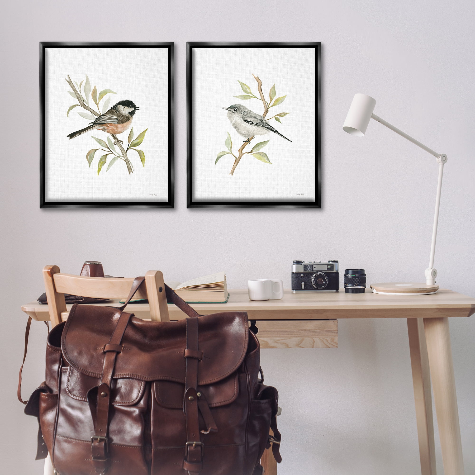 Stupell Industries Small Birds on Branches Animals Painting Black Floater Framed Canvas Art Print Wall Art, 31 x 25, Set of 2