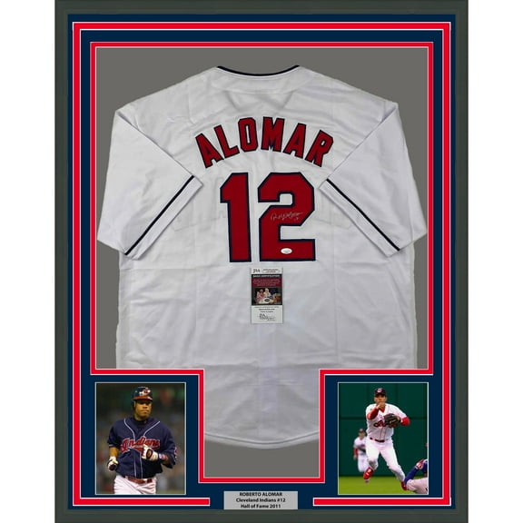 Framed Autographed/Signed Roberto Alomar 35x39 Cleveland White Baseball Jersey JSA COA