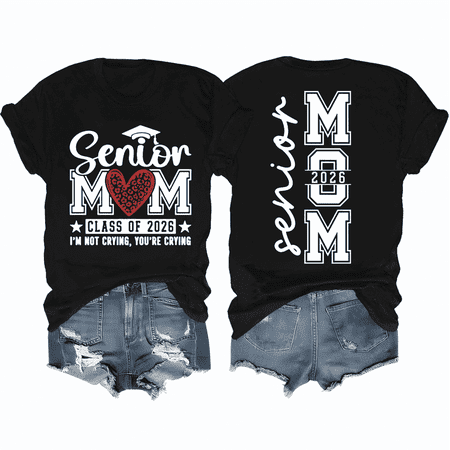 Senior Mom 2026 Graduation T-Shirt Proud Mother Class of 2026 Leopard Heart Graphic Tee Retro Graduation Party Apparel
