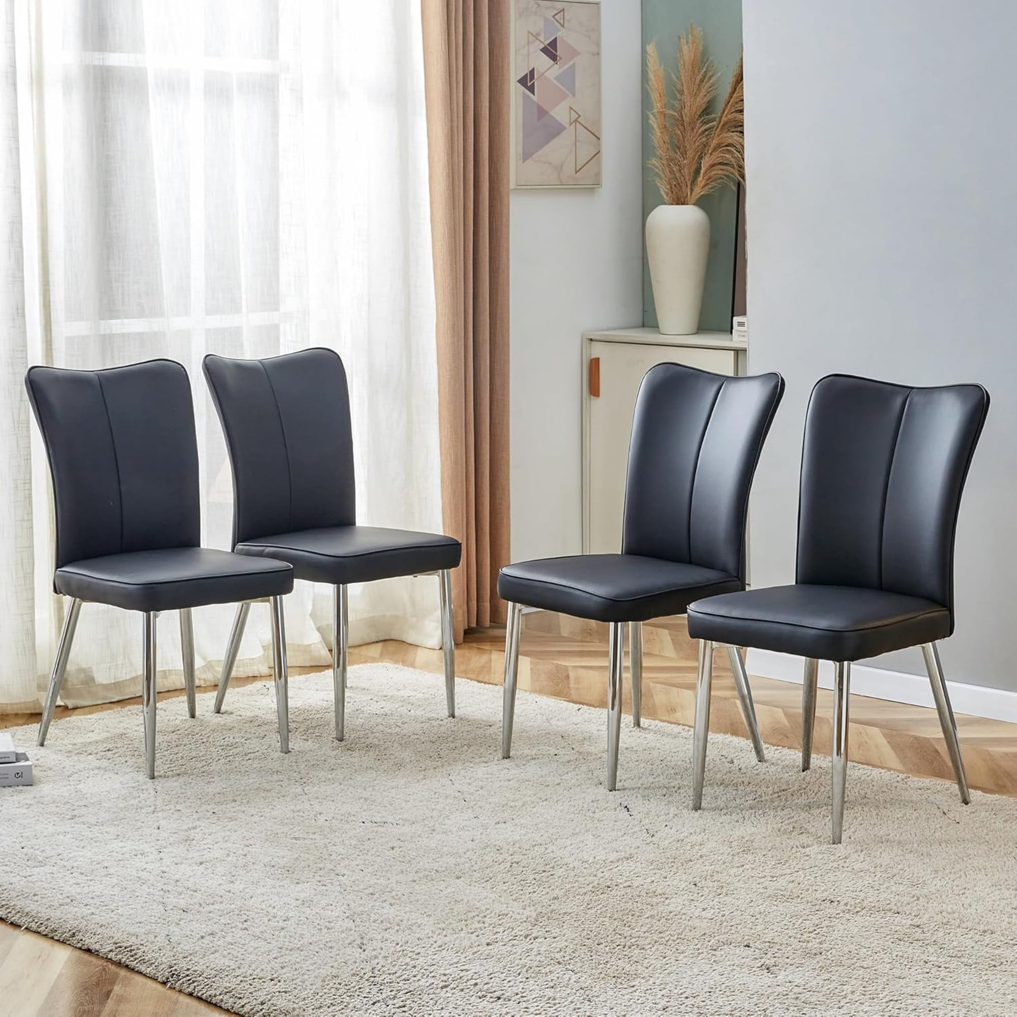 SUDICA Dining Chairs Set of 4, Black PU Leather Upholstered High Back Kitchen Chairs with Silver Metal Legs for Dining Room