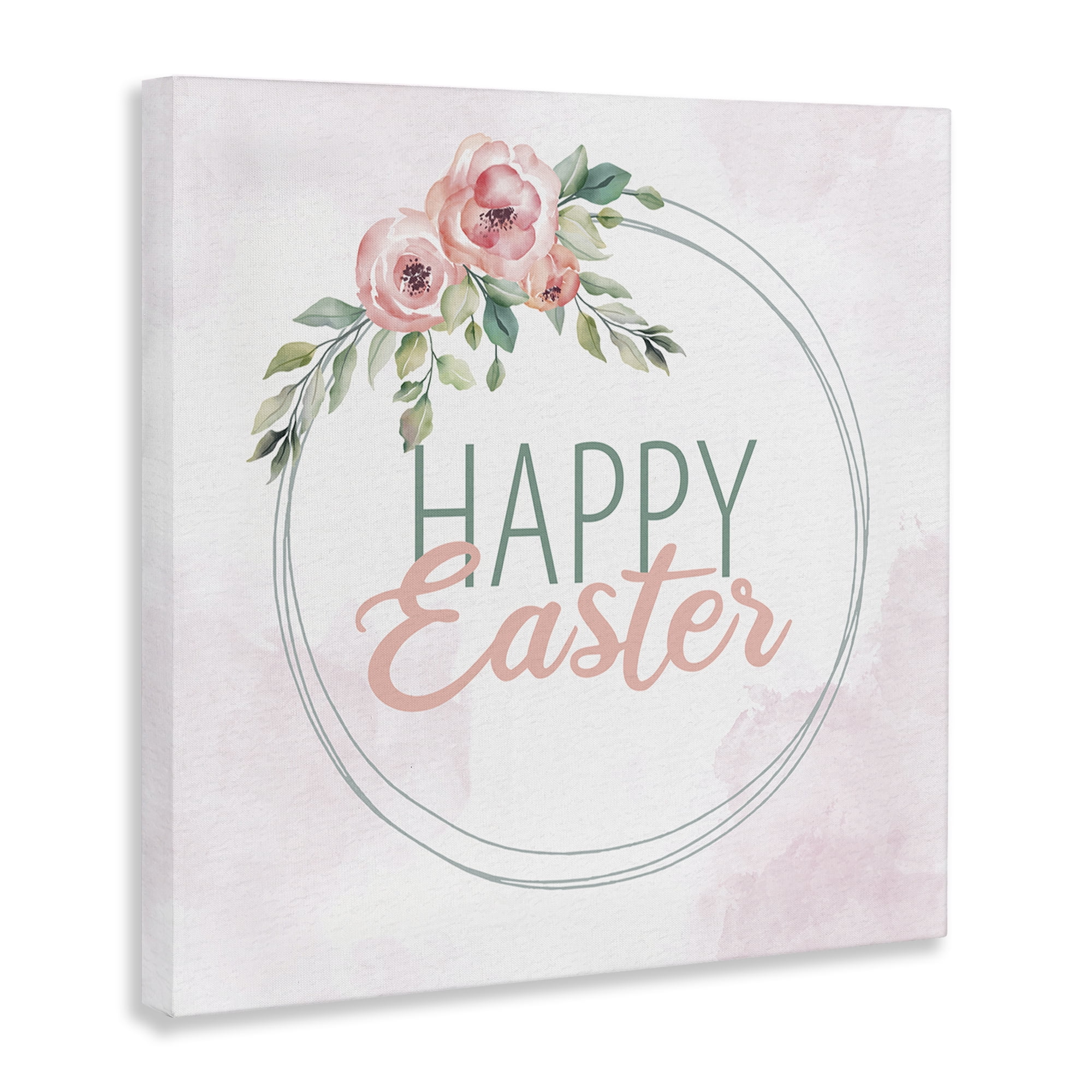 Happy Easter Round Floral Border Pastel Pink Design Canvas Art, 30 x 30, By Kim Allen