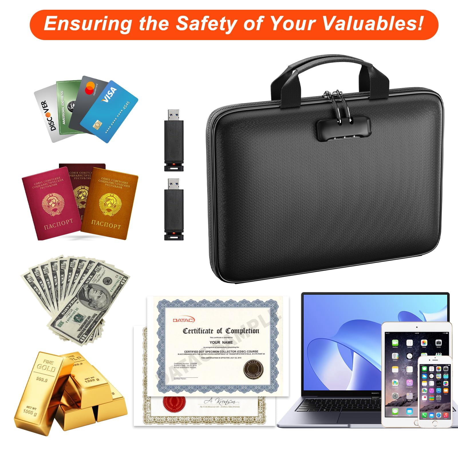 Fireproof File Organizer,Fireproof Document Box with Lock,Hard-Shell Case Fireproof Document Box with 13 Pocket Accordion File Folder for Letter/Legal Document,Laptop,Valuables