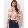thumbnail image 2 of Blusa floral vintage de manga larga con cuello abotonado y pajarita para mujer Blanco L, 2 of 5
