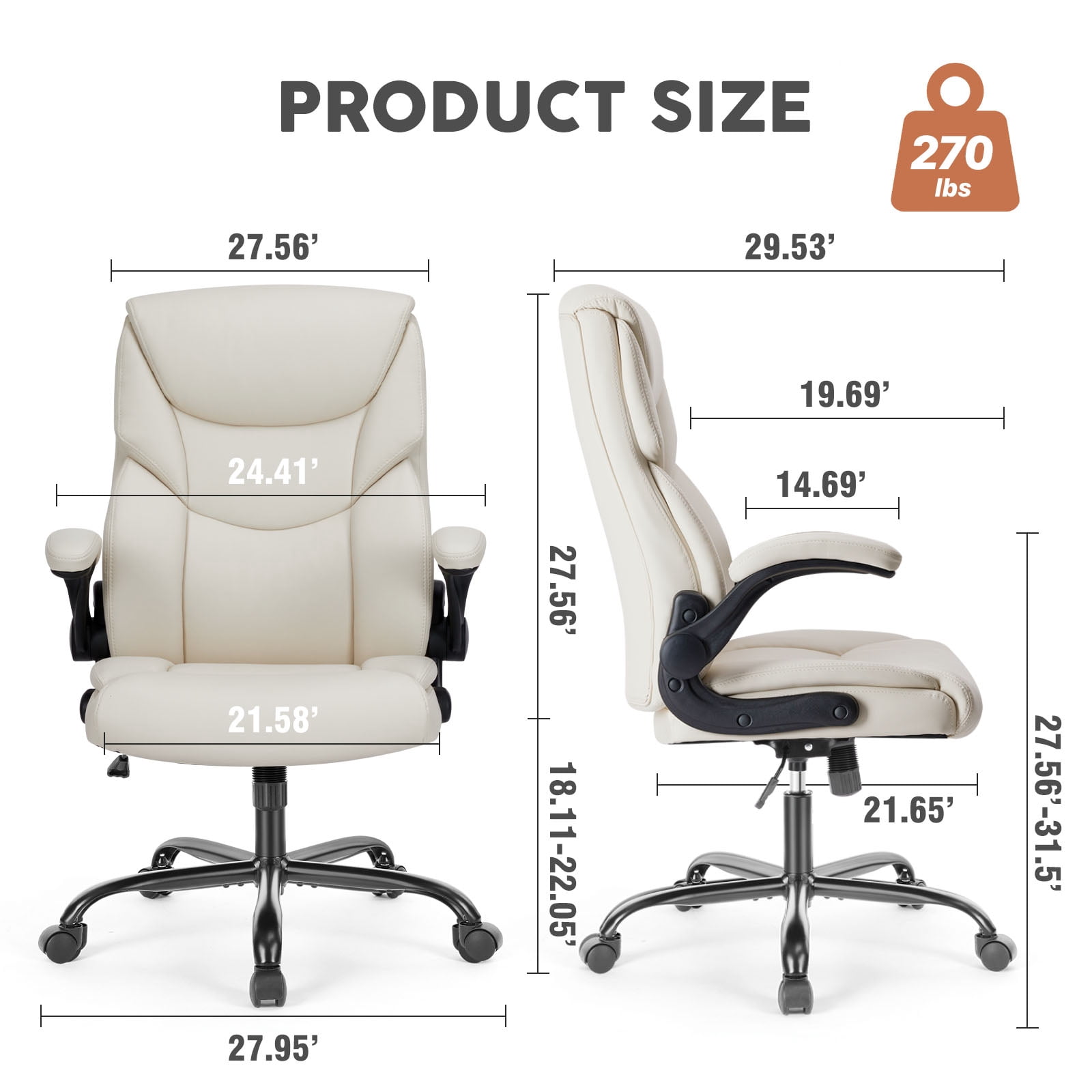 Casabay Leather Home Office Chair, Ergonomic Computer Desk Chair with Wheels and Flip-up Armrest, 300 LBS Weight Capacity, White