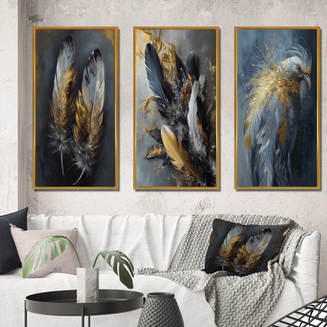 Designart "Boho Chic Feathers Gold III" Glam Feather Framed Wall Art Set Of 3 - Gold Glam Feather Frame Canvas Set For Living Room Decor