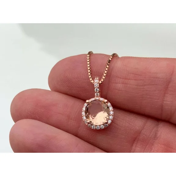 14K Rose Gold Plated 2Ct Round Cut Lab Created Morganite Diamond Halo Pendant 18" Free Chain