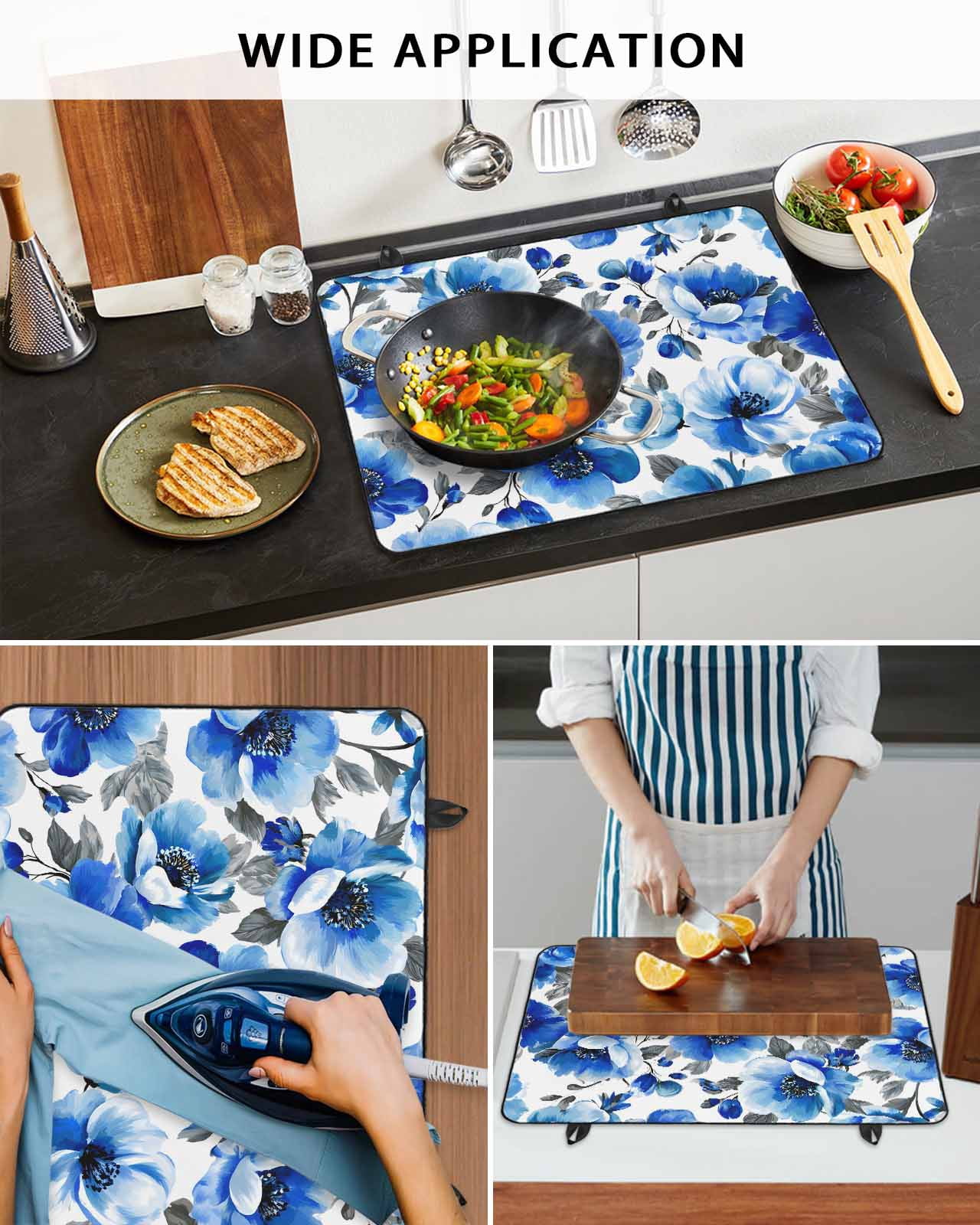 Large Induction Cooktop Protector Mat Blue Flowers Stove Top Covers for Electric Stove, Spring Watercolor Leaves Floral Plants Decorative Stove Burner Cover Mats, Glass Top Stove Cover