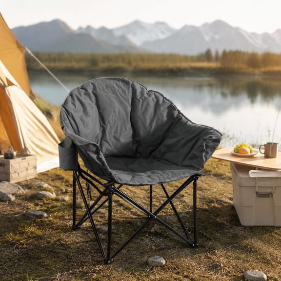 Folding Camping Moon Chair, padded seat, built-in cup holder, comes with carrying bag, gray