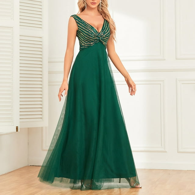 Puntoco Vestidos Mujer Verano Vestido De Noche Sin Mangas con Doble Escote En Pico con Lentejuelas A Rayas Y Patchwork De Tul Vestido Largo Elegante De Corte A